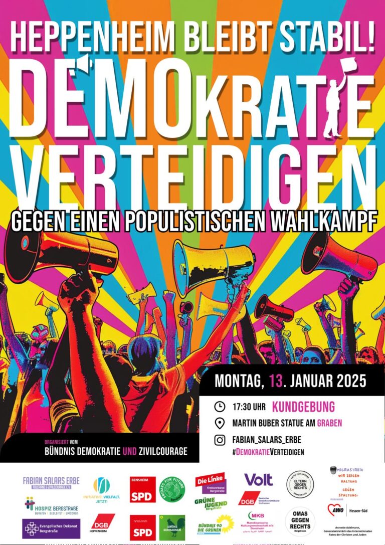 DEMOKRATIE VERTEIDIGEN am Montag, 13. Januar ab 17:30 Uhr in Heppenheim